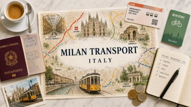 Overhead Milan transport flat lay with an illustrated city map, yellow tram, passport, espresso, transit pass, notebook, and euro coins.