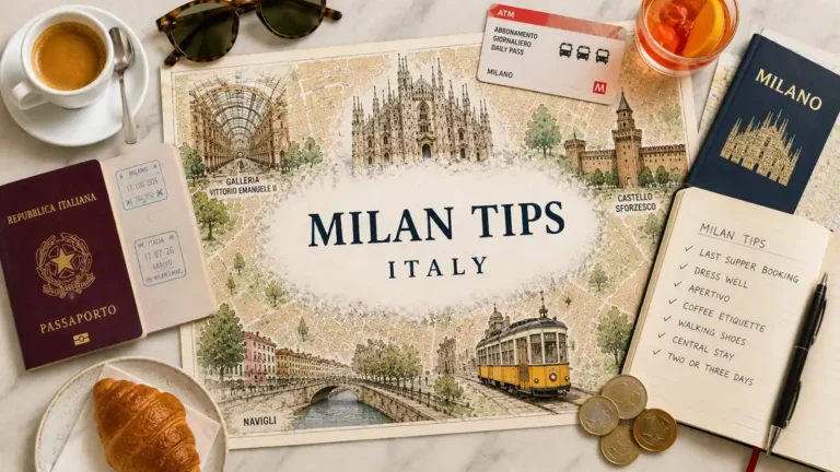 Overhead Milan travel tips flat lay with an illustrated city map, passport, espresso, aperitivo, tram, notebook, and euro coins.
