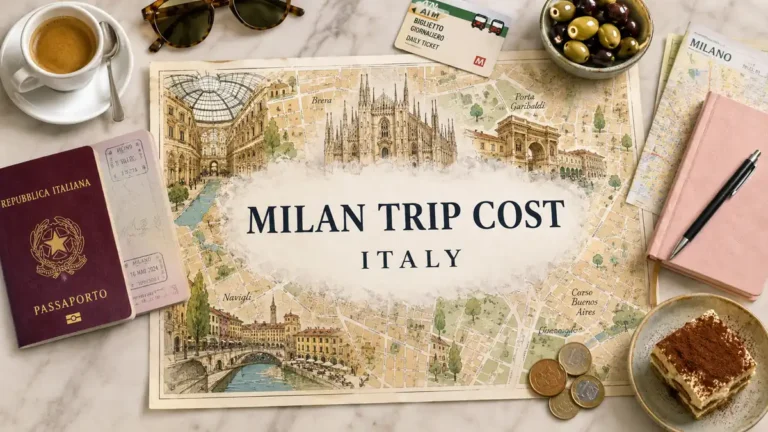 Overhead Milan trip-cost flat lay with an illustrated city map, Duomo, passport, espresso, transit ticket, euro coins, notebook, and tiramisu.