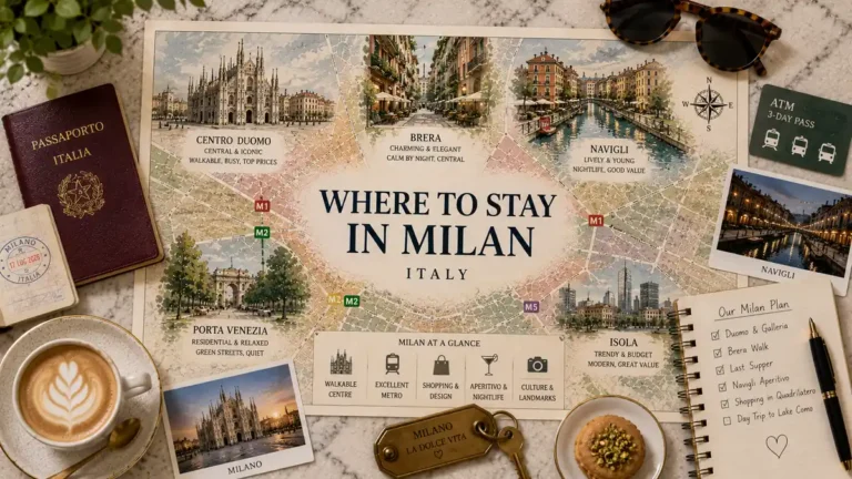 Flat-lay Milan neighborhood map highlighting Centro Duomo, Brera, Navigli, Porta Venezia, and Isola with a passport, coffee, city card, key, and trip notebook.