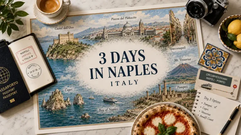 Overhead Naples itinerary flat lay with an illustrated city, Bay of Naples, Vesuvius, Pompeii, and Capri map.