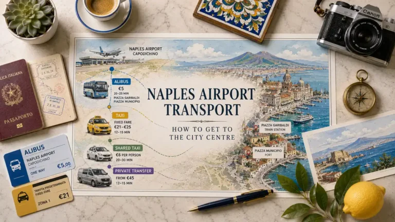 Overhead Naples airport transport flat lay with an illustrated route map, passport, bus and taxi cards, coffee, compass, postcard, and lemon.