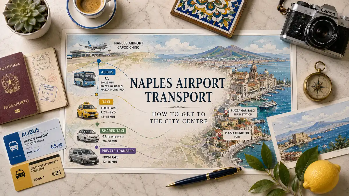 Naples Airport to City Centre: Every Way In, Compared 2 Overhead Naples airport transport flat lay with an illustrated route map, passport, bus and taxi cards, coffee, compass, postcard, and lemon.