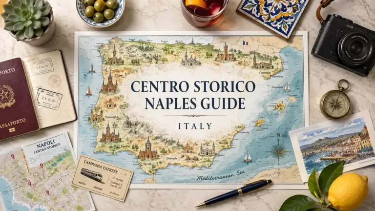 Overhead travel flat lay with a Centro Storico Naples map poster, passport, compass, olives, lemon, tickets, and camera.