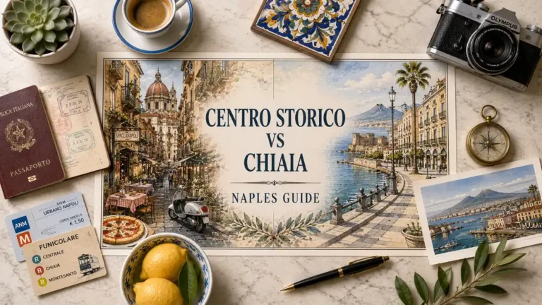 Overhead Naples travel flat lay comparing Centro Storico and Chiaia with illustrated streets, seafront, passport, tickets, coffee, and lemons.