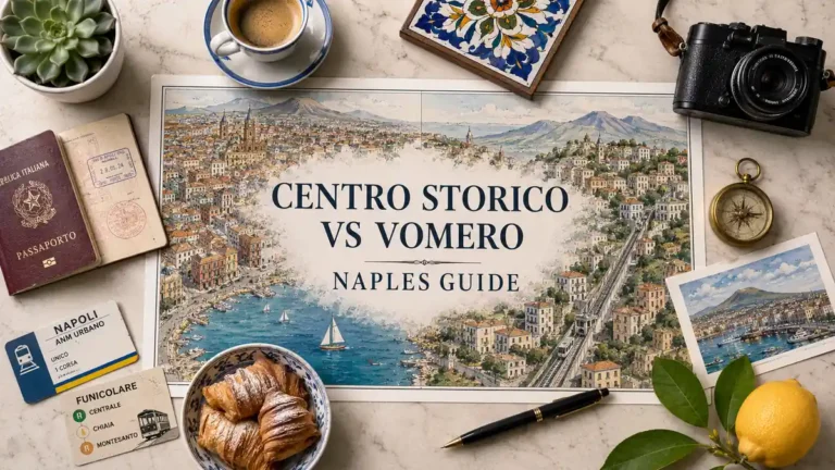 Overhead Naples travel flat lay comparing Centro Storico and Vomero with an illustrated map, passport, funicular ticket, coffee, and lemon.