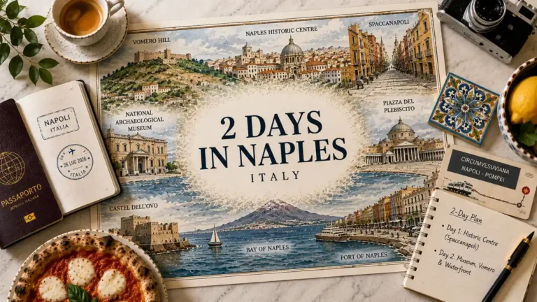 Overhead Naples itinerary flat lay with an illustrated historic centre, Vomero, museum, waterfront, passport, pizza, lemons, and planning props.