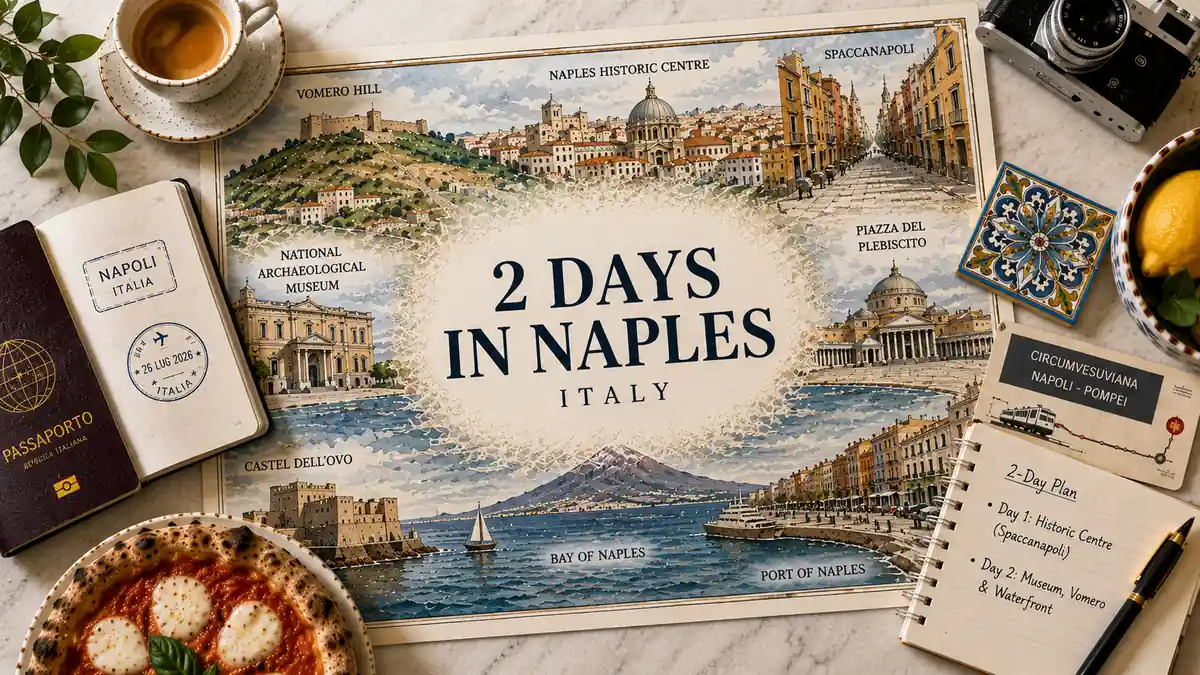 Overhead Naples itinerary flat lay with an illustrated historic centre, Vomero, museum, waterfront, passport, pizza, lemons, and planning props.