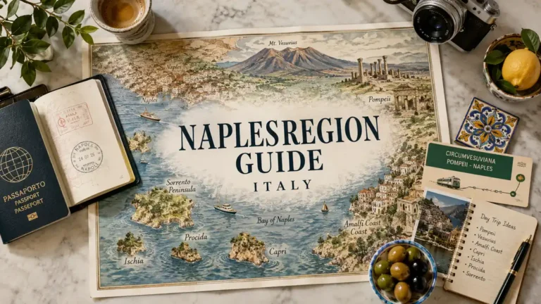Overhead travel flat lay with an illustrated map of Naples, Pompeii, Vesuvius, the Amalfi Coast, and Bay of Naples islands.