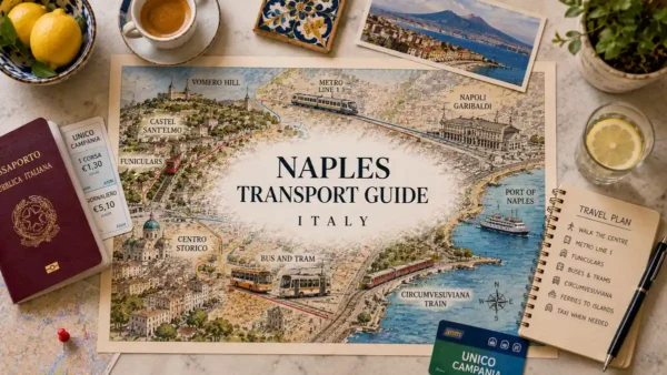 Overhead Naples transport flat lay with an illustrated city map, passport, metro and funicular routes, ferry, espresso, lemons, tickets, and travel notebook.