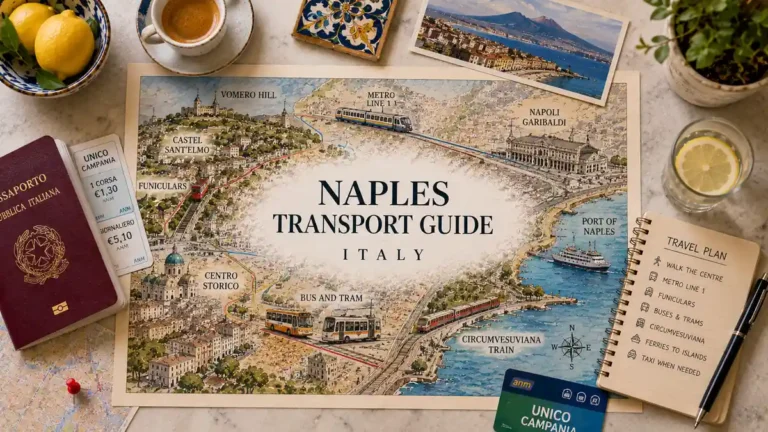 Overhead Naples transport flat lay with an illustrated city map, passport, metro and funicular routes, ferry, espresso, lemons, tickets, and travel notebook.