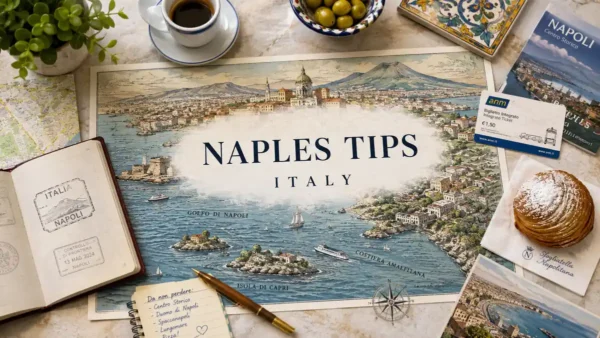 Overhead flat lay with an illustrated Naples map, open passport, espresso, olives, sfogliatella, transit ticket, and travel notes.