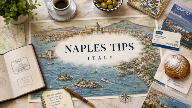 Overhead flat lay with an illustrated Naples map, open passport, espresso, olives, sfogliatella, transit ticket, and travel notes.