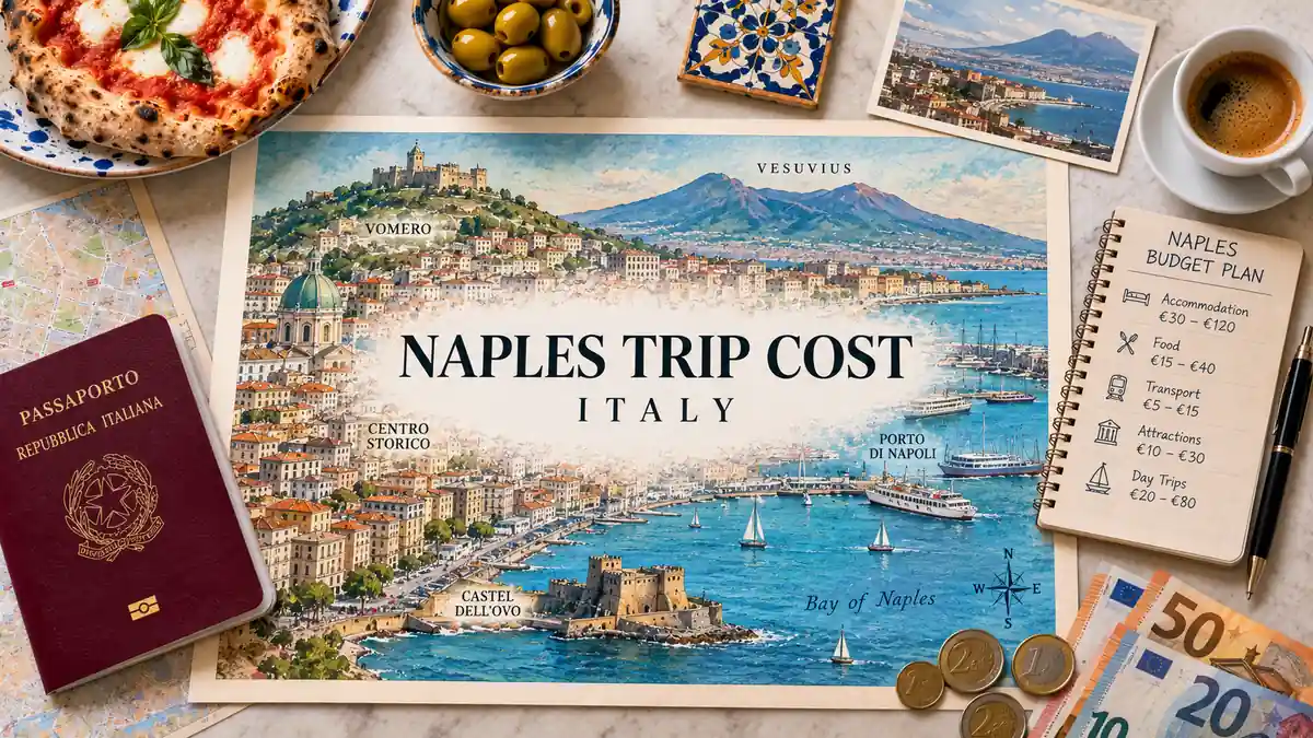 Overhead Naples travel budget flat lay with an illustrated city map, passport, pizza, espresso, euro notes, coins, and a trip-cost notebook.