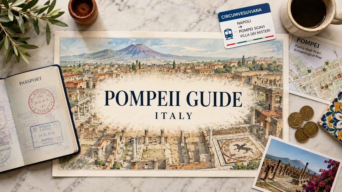 Overhead Pompeii travel flat lay with an illustrated ruins map, passport, train card, archaeological map, coins, and coffee.