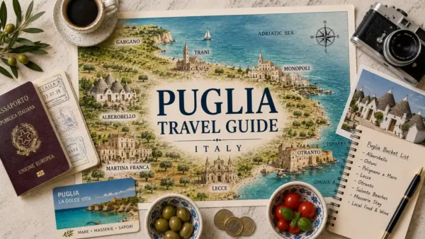 Overhead illustrated Puglia map with a passport, camera, coffee, olives, tomatoes, coins, trulli postcard, coastal card, and trip-planning notebook.