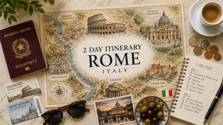 Overhead Rome itinerary flat lay with an illustrated city map, passport, entry cards, sunglasses, espresso, coins, olives, and a two-day planner.
