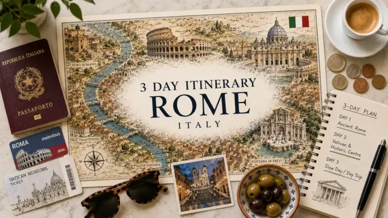 Overhead Rome itinerary flat lay with an illustrated city map, passport, route cards, sunglasses, espresso, coins, olives, and a three-day planner.
