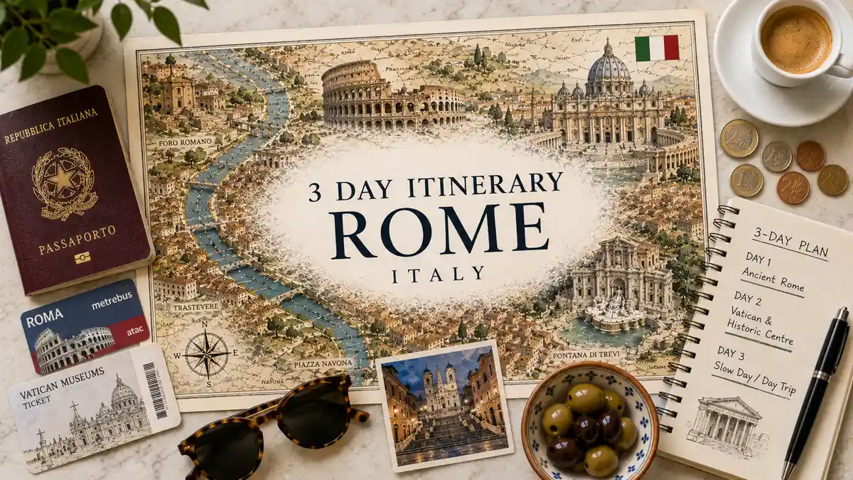 Overhead Rome itinerary flat lay with an illustrated city map, passport, route cards, sunglasses, espresso, coins, olives, and a three-day planner.