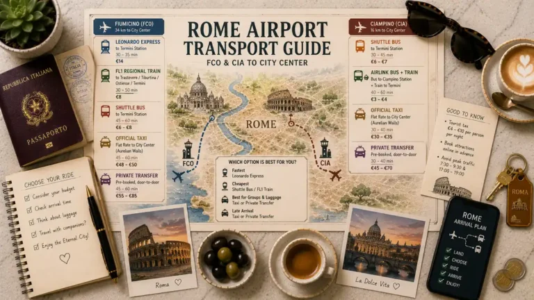 Overhead Rome airport transport map flat lay with a passport, coffee, route notes, train and bus options, taxi key, smartphone, coins, and city postcards.