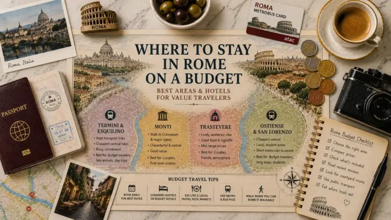 Top-down Rome budget stay flat lay with an illustrated neighborhood map, passport, espresso, coins, olives, transit card, camera, and budget planning notebook.