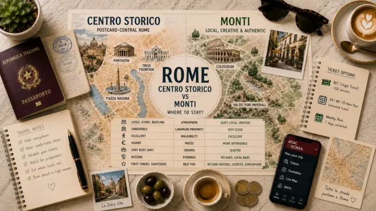 Overhead Rome comparison map flat lay showing Centro Storico and Monti with a passport, coffee, notes, smartphone, olives, coins, and neighbourhood landmarks.