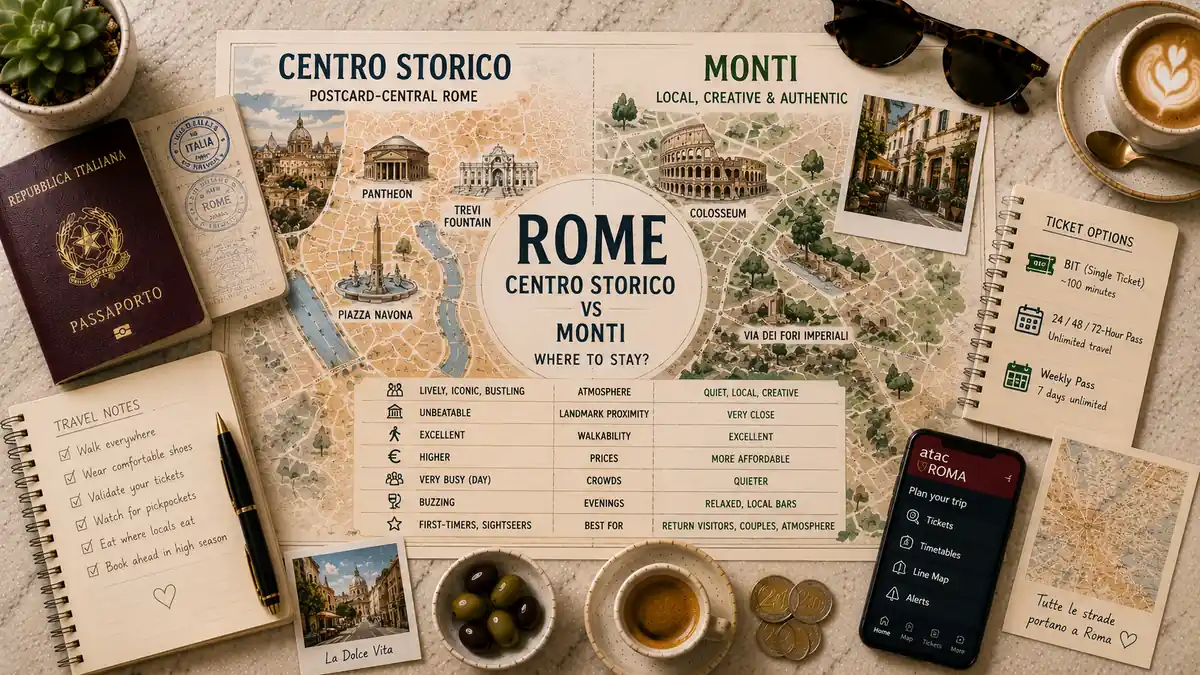 Overhead Rome comparison map flat lay showing Centro Storico and Monti with a passport, coffee, notes, smartphone, olives, coins, and neighbourhood landmarks.