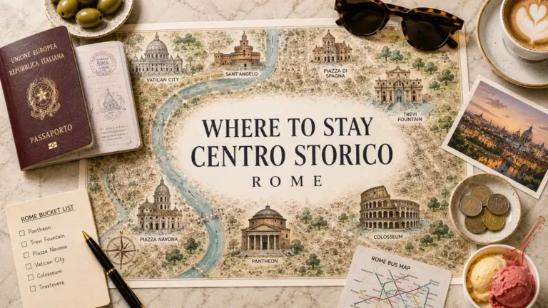 Rome Centro Storico: Where to Stay & What to Expect 5 Overhead Rome travel flat lay with an illustrated Centro Storico map, passport, coffee, coins, sunglasses, and gelato.
