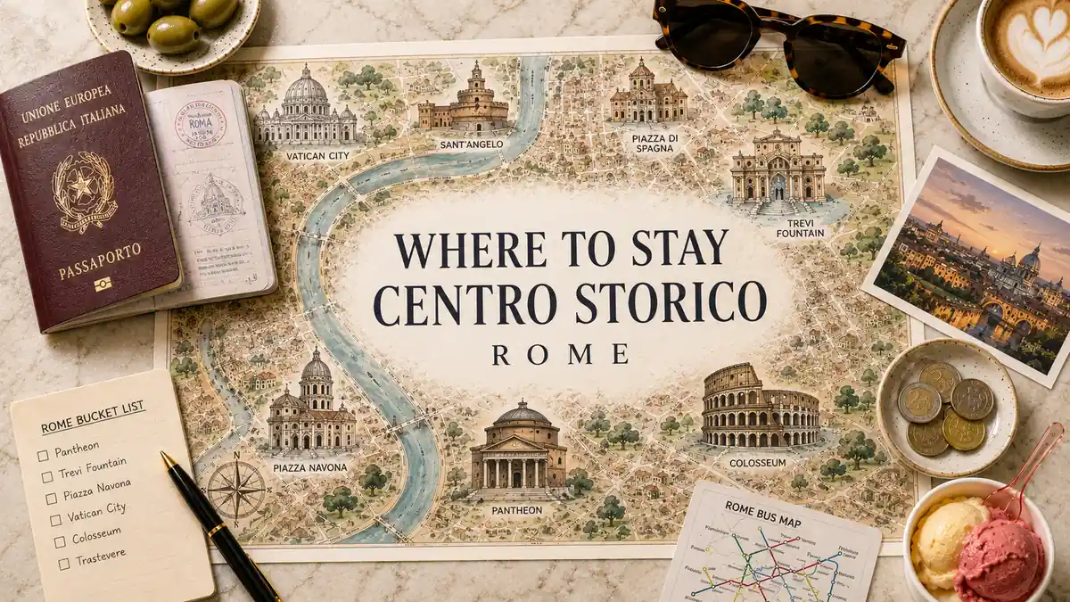 Overhead Rome travel flat lay with an illustrated Centro Storico map, passport, coffee, coins, sunglasses, and gelato.