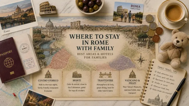 Top-down Rome family stay flat lay with an illustrated city map, passport, coffee, coins, teddy bear, travel cards, and a family planning notebook.
