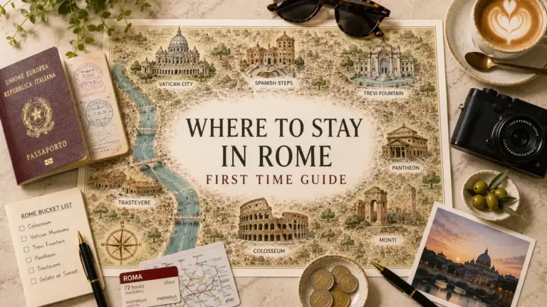 Where to Stay in Rome for First-Time Visitors 3 Overhead Rome travel flat lay with an illustrated city map, passport, coffee, camera, checklist, transit cards, coins, olives, and postcard.