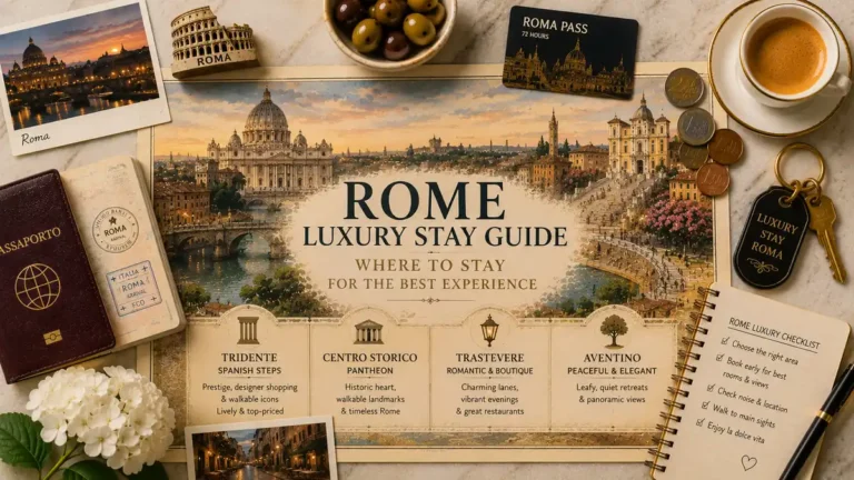 Top-down Rome luxury stay flat lay with an illustrated city map, passport, espresso, room key, coins, olives, flowers, and a planning notebook.