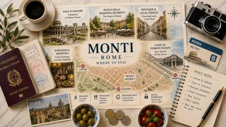 Overhead illustrated Monti neighborhood map with a passport, metro card, camera, coffee, olives, tomatoes, coins, Rome postcard, and planning notebook.