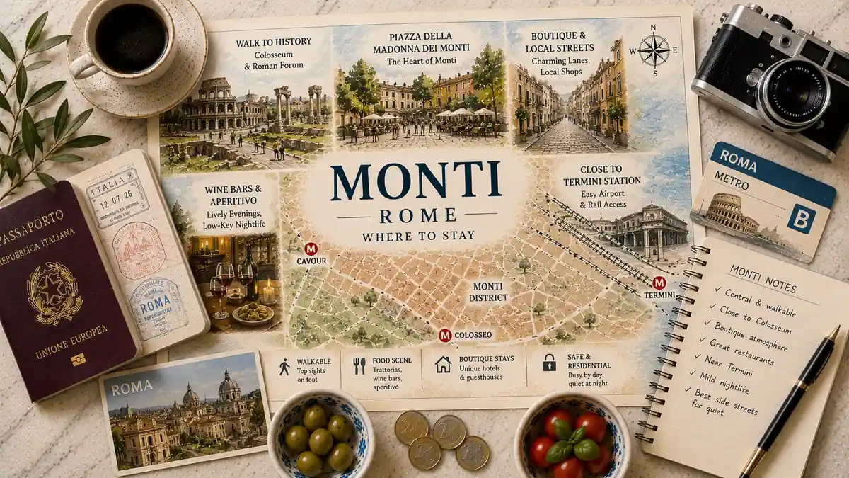 Where to Stay in Monti, Rome: A Neighbourhood Guide 2 Overhead illustrated Monti neighborhood map with a passport, metro card, camera, coffee, olives, tomatoes, coins, Rome postcard, and planning notebook.