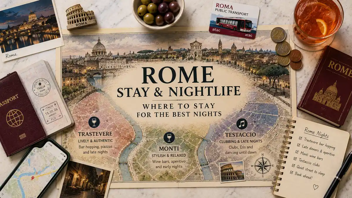 Where to Stay in Rome for Nightlife 2 Top-down Rome nightlife flat lay with an illustrated neighborhood map, passport, cocktail, coins, olives, travel cards, smartphone map, and planning notebook.