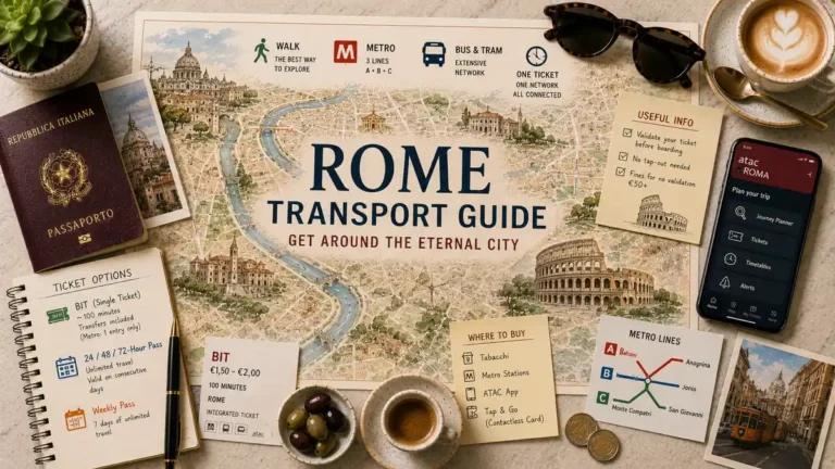 Overhead Rome transport map flat lay with a passport, metro map, ticket notes, smartphone, coffee, coins, sunglasses, and city transit information.
