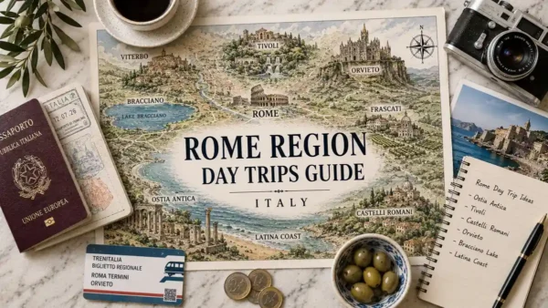Travel to Rome Region, Italy: Best Day Trips From Rome 7 Overhead Rome region map with a passport, regional train ticket, camera, coffee, olives, coins, coastal postcard, and day-trip notebook.