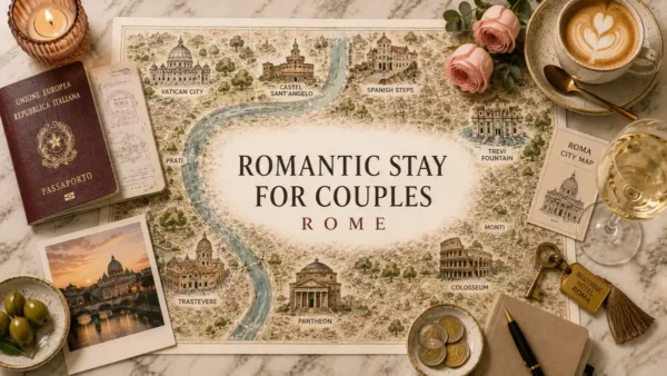 Overhead Rome map flat lay with a passport, roses, coffee, wine, hotel key, coins, and romantic neighbourhood landmarks.