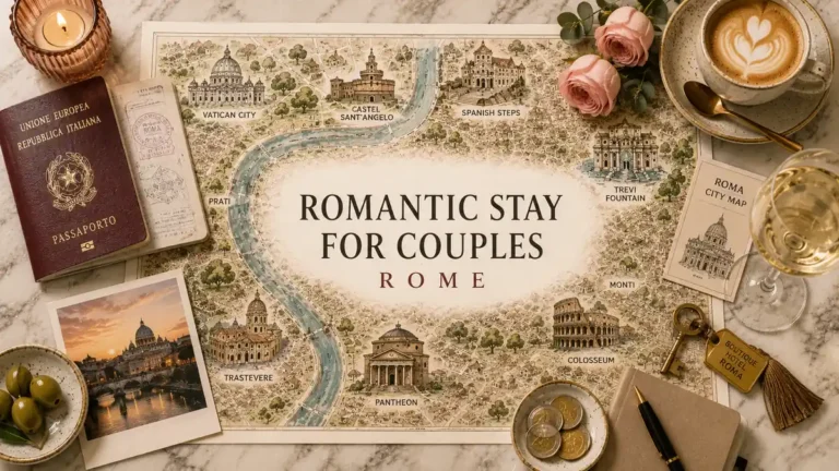 Where to Stay in Rome for Couples 4 Overhead Rome map flat lay with a passport, roses, coffee, wine, hotel key, coins, and romantic neighbourhood landmarks.