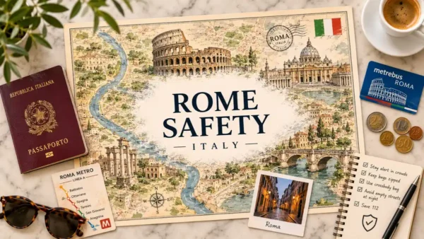 Overhead Rome safety flat lay with an illustrated city map, passport, metro cards, coins, sunglasses, espresso, and safety checklist.