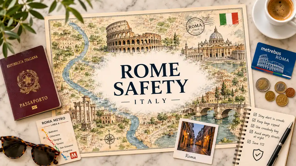 Overhead Rome safety flat lay with an illustrated city map, passport, metro cards, coins, sunglasses, espresso, and safety checklist.