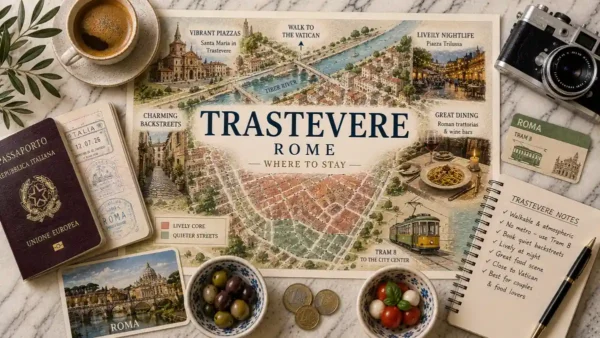 Overhead illustrated Trastevere map with a passport, tram card, camera, coffee, olives, tomatoes, coins, Rome postcard, and neighborhood-planning notebook.