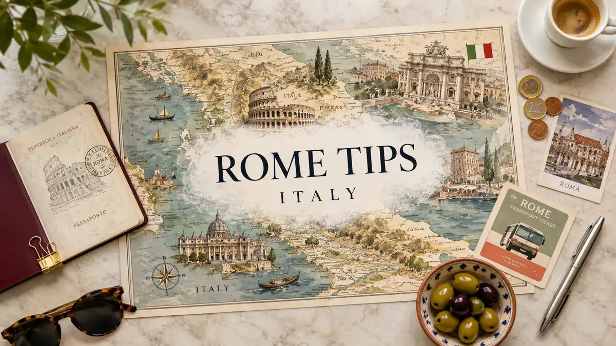 Rome Travel Tips 2 Overhead Rome travel flat lay with an illustrated Italy map, passport, espresso, transit card, coins, olives, and sunglasses.
