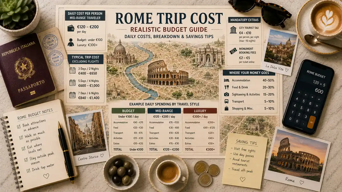 Rome: Trip Cost Guide 2 Overhead Rome budget map flat lay with a passport, coffee, calculator, cost breakdowns, travel notes, coins, olives, and city postcards.