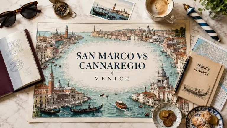 Overhead Venice travel flat lay with an illustrated canal map comparing San Marco and Cannaregio.