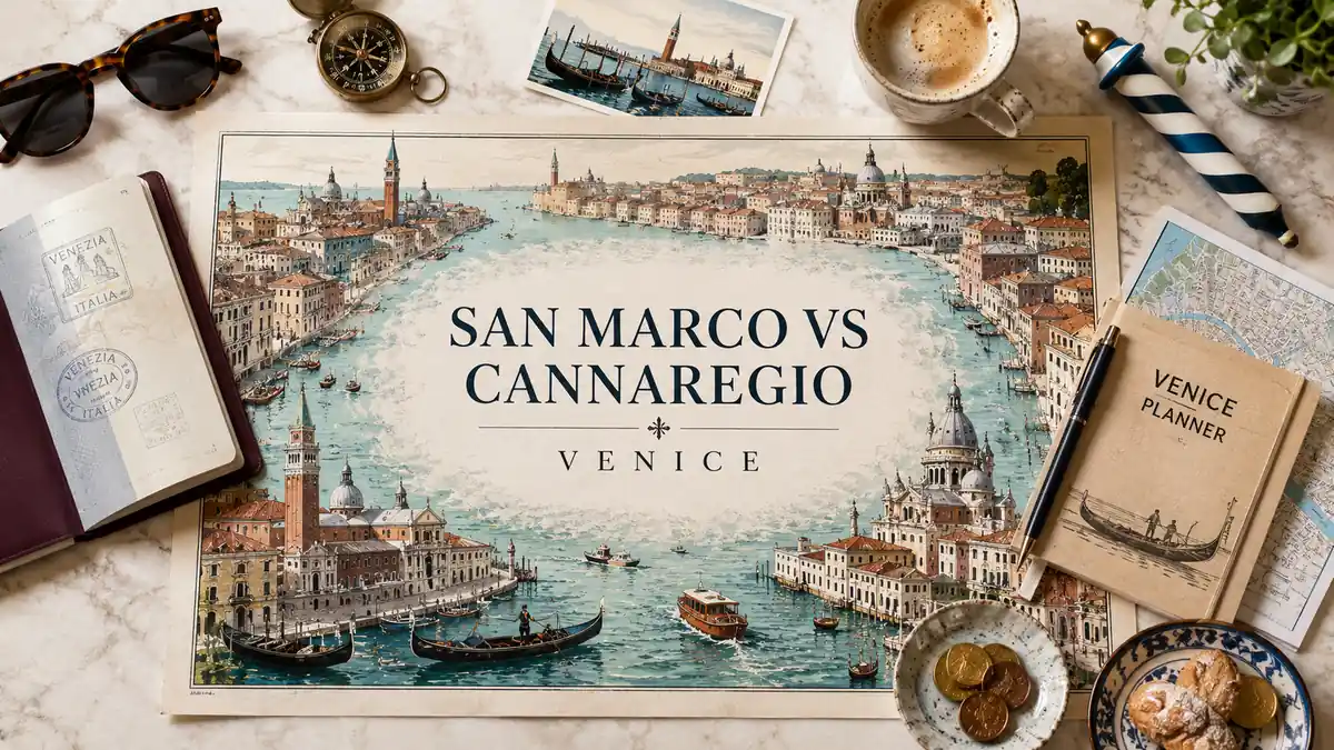 Overhead Venice travel flat lay with an illustrated canal map comparing San Marco and Cannaregio.