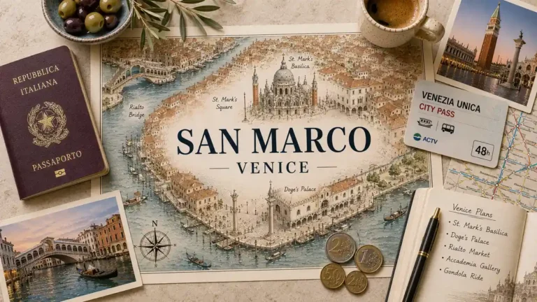 Overhead flat lay with an illustrated San Marco map, passport, transit card, espresso, olives, coins, and Venice travel notes.