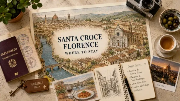 Santa Croce, Florence: Should You Stay in This Area? 12 Top-down Florence travel flat lay with an illustrated Santa Croce map, passport, espresso, olives, camera, postcard, and neighborhood notebook.