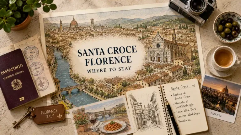 Top-down Florence travel flat lay with an illustrated Santa Croce map, passport, espresso, olives, camera, postcard, and neighborhood notebook.
