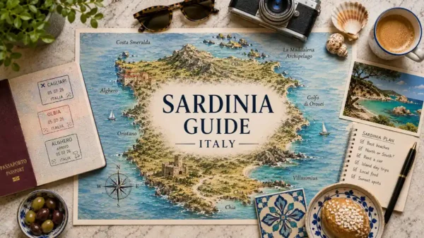 Flat lay travel map of Sardinia with passport, beaches, north and south planning notes, coffee, shells, olives, and coastal props.